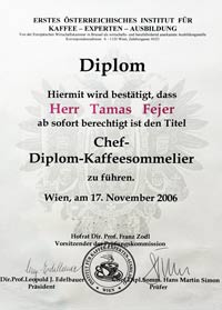 Chef Diplom Kaffeesommelier Auszeichnung